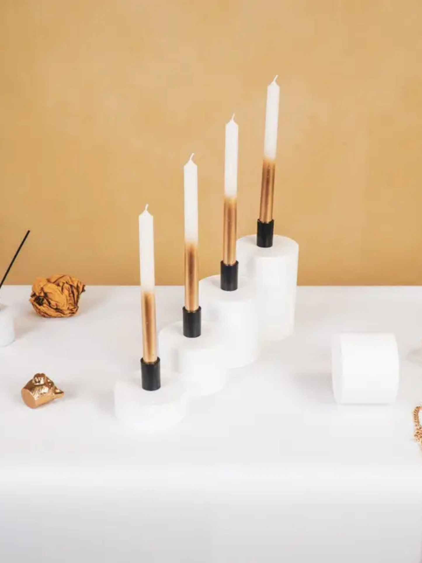 White & Gold Dip Dye Taper Candle Set of 4