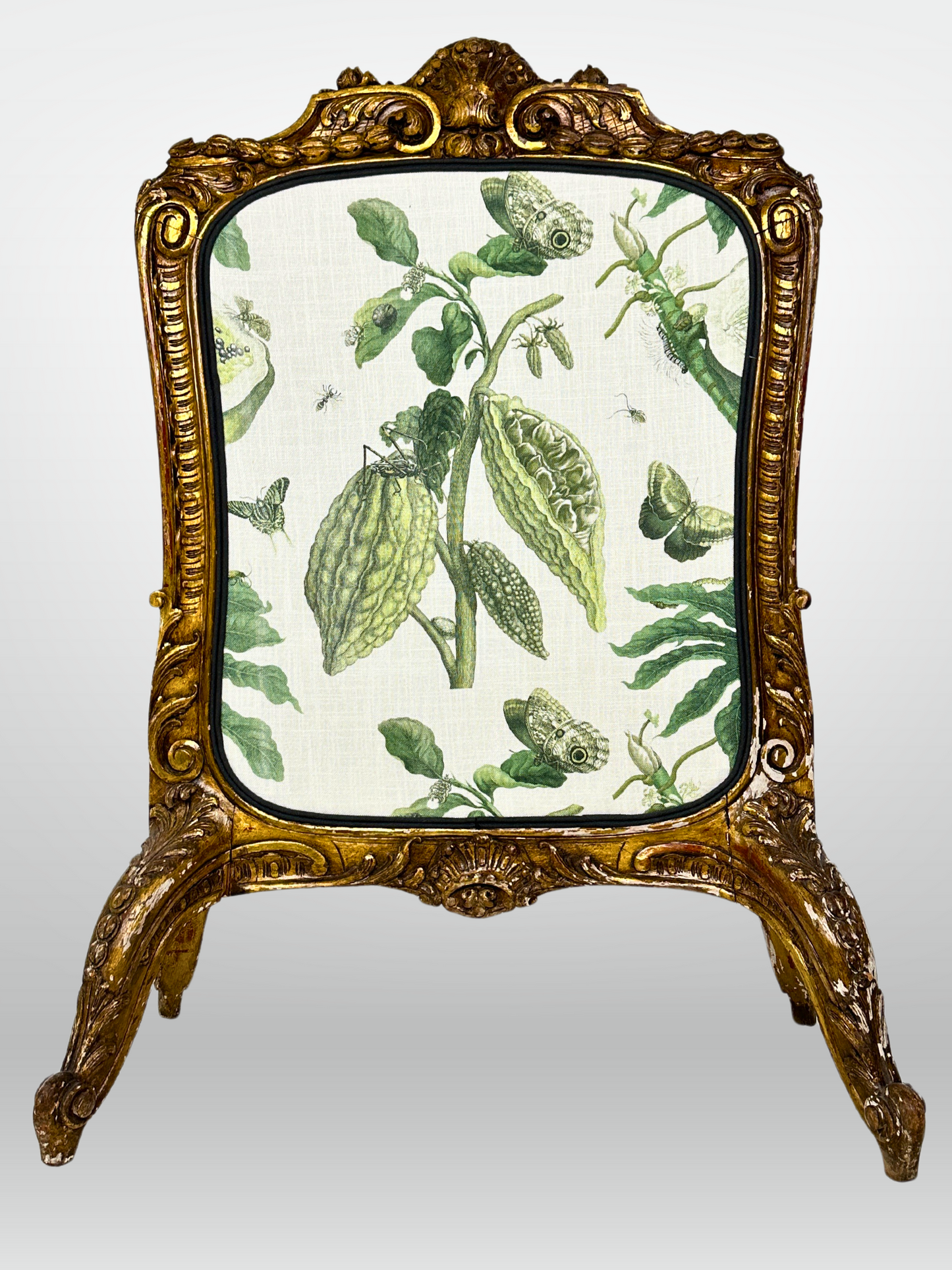 19th Century Carved Fire Screen Upholstered in Gastón Y Daniela Linen