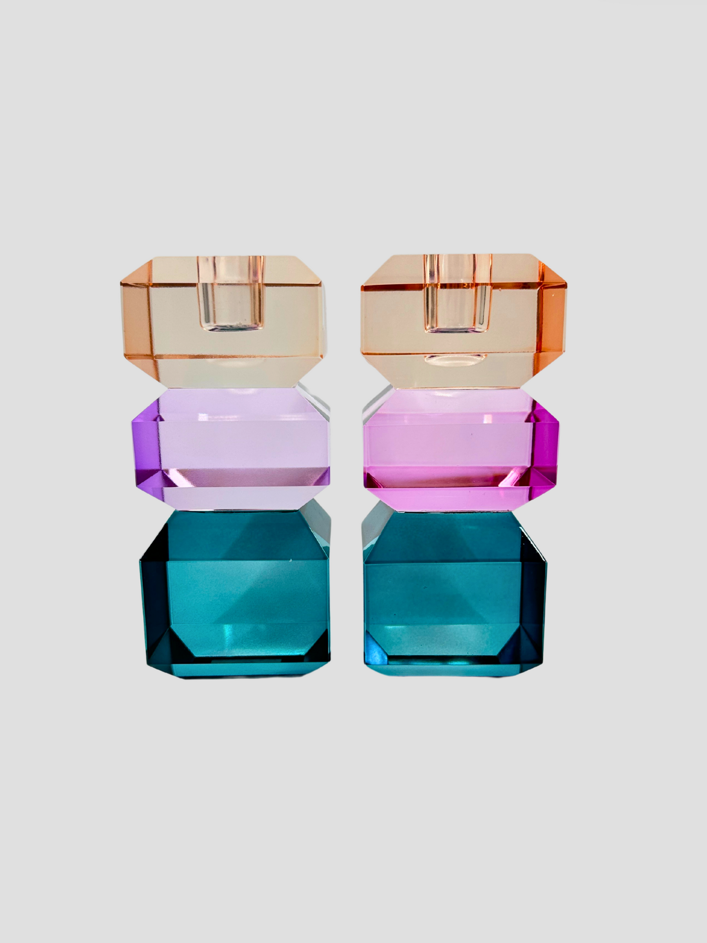 Faceted Crystal Candle Holder Pair Aqua, Light Fuchsia & Orange
