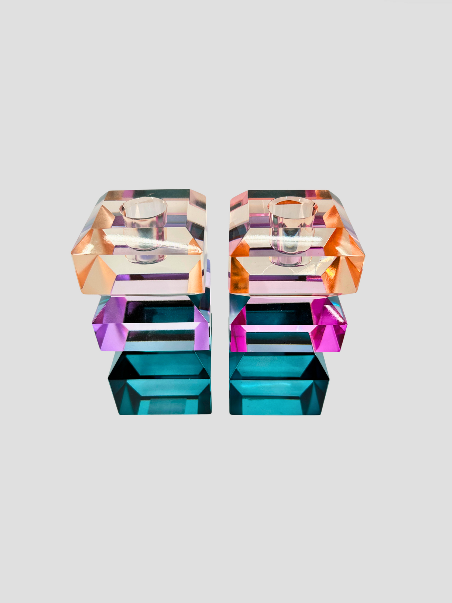 Faceted Crystal Candle Holder Pair Aqua, Light Fuchsia & Orange