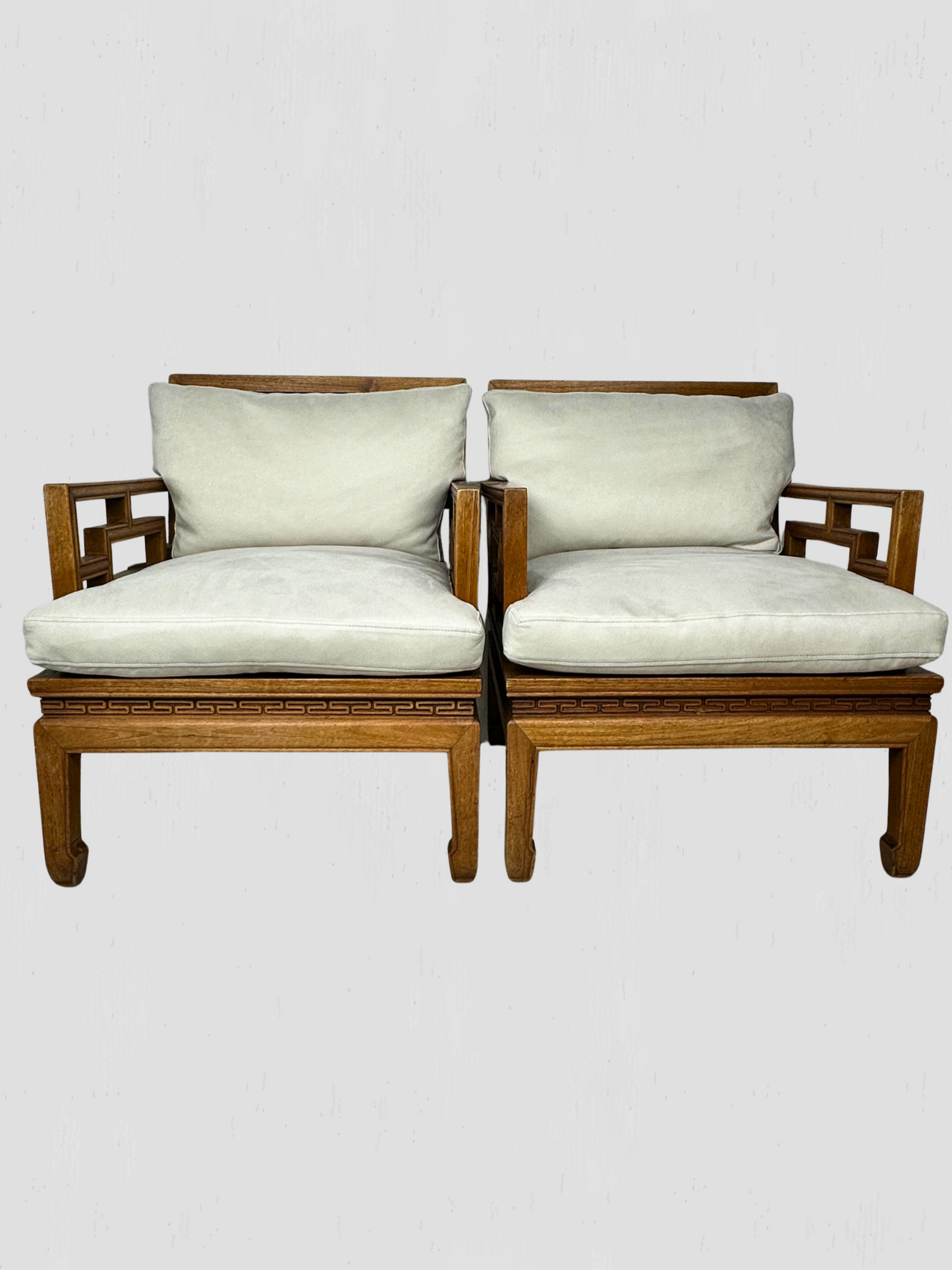 Vintage Mid-Century Carved Oak Ming Style Lounge Chairs Cream Ultrasuede Pair