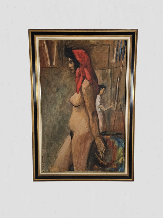 Large Oil Painting Nude With Scarf Framed Signed