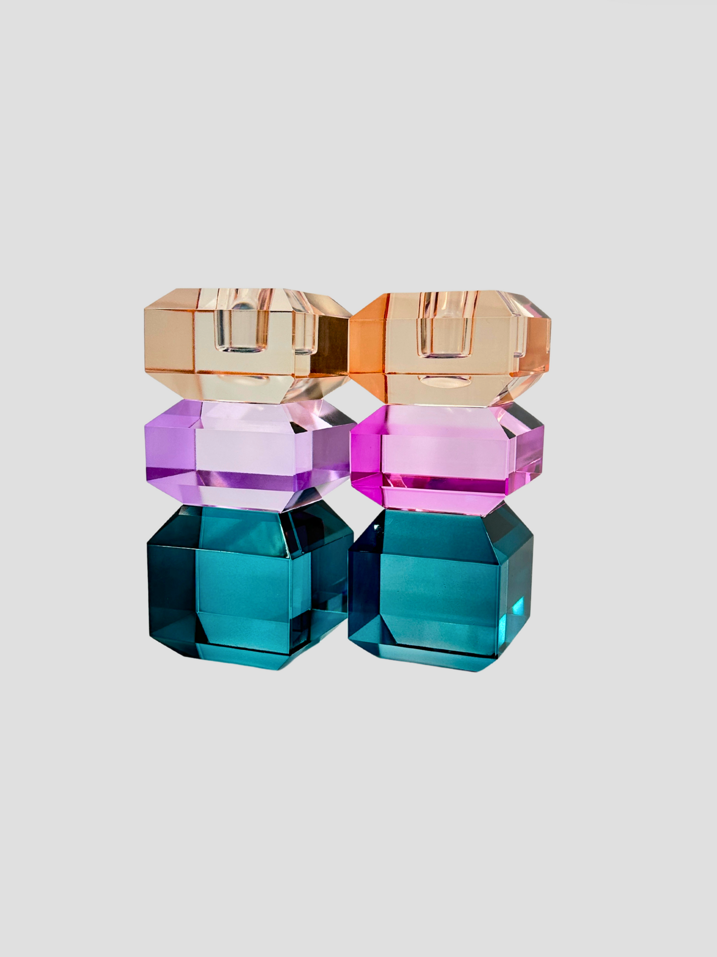 Faceted Crystal Candle Holder Pair Aqua, Light Fuchsia & Orange