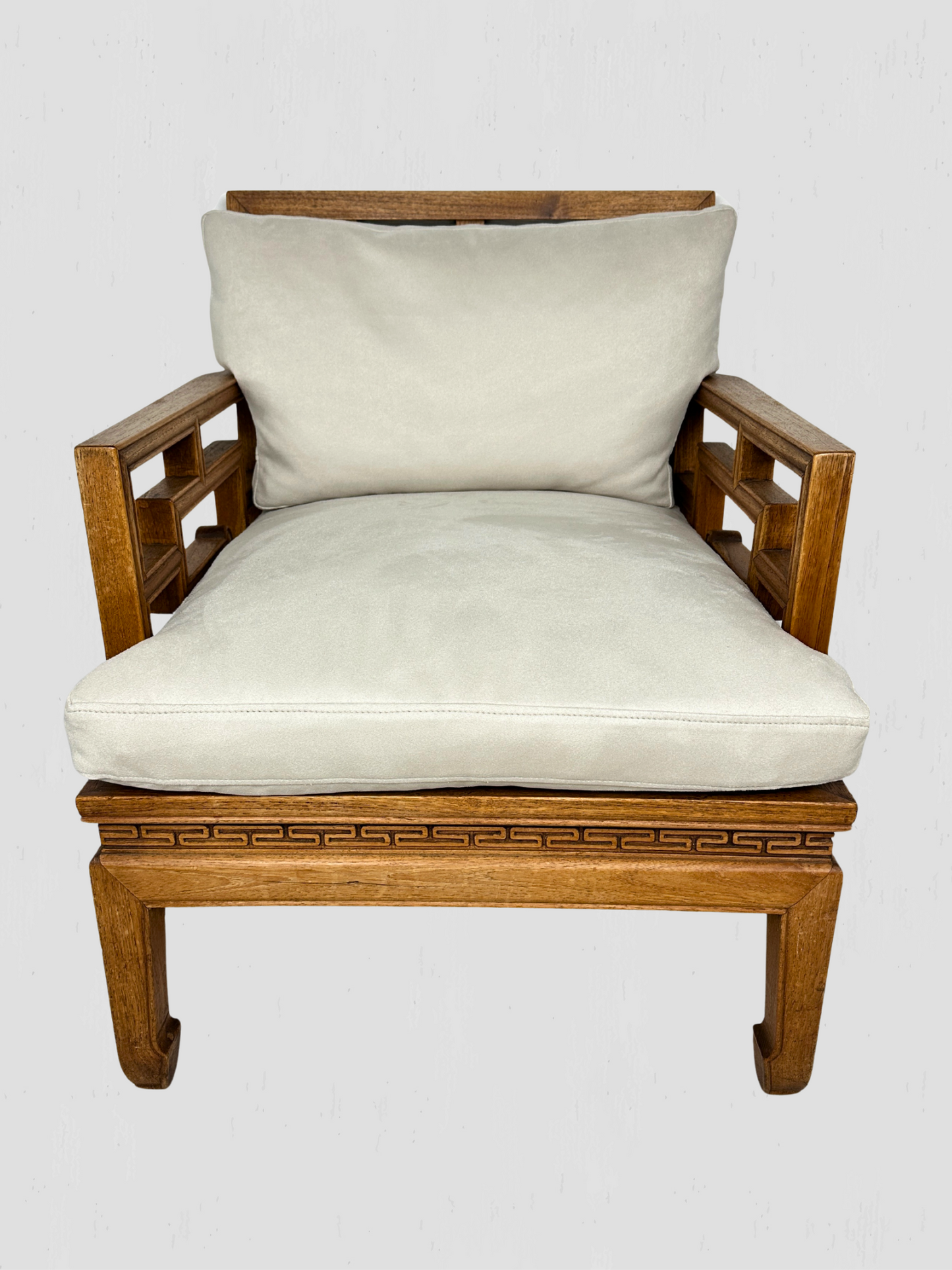 Vintage Mid-Century Carved Oak Ming Style Lounge Chairs Cream Ultrasuede Pair