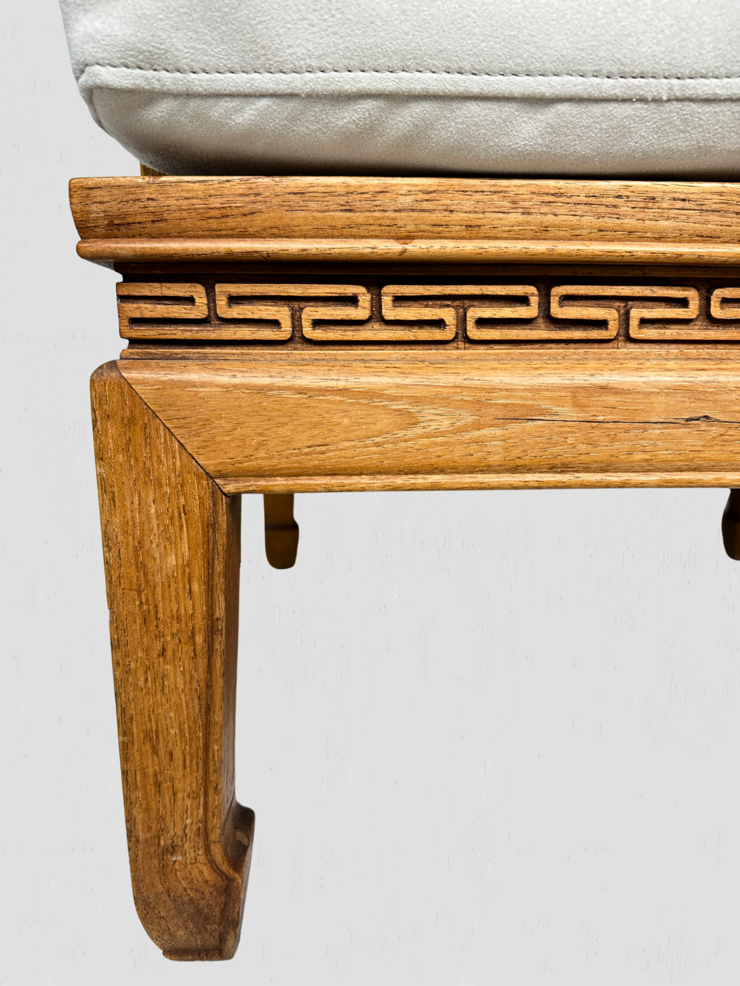 Vintage Mid-Century Carved Oak Ming Style Lounge Chairs Cream Ultrasuede Pair