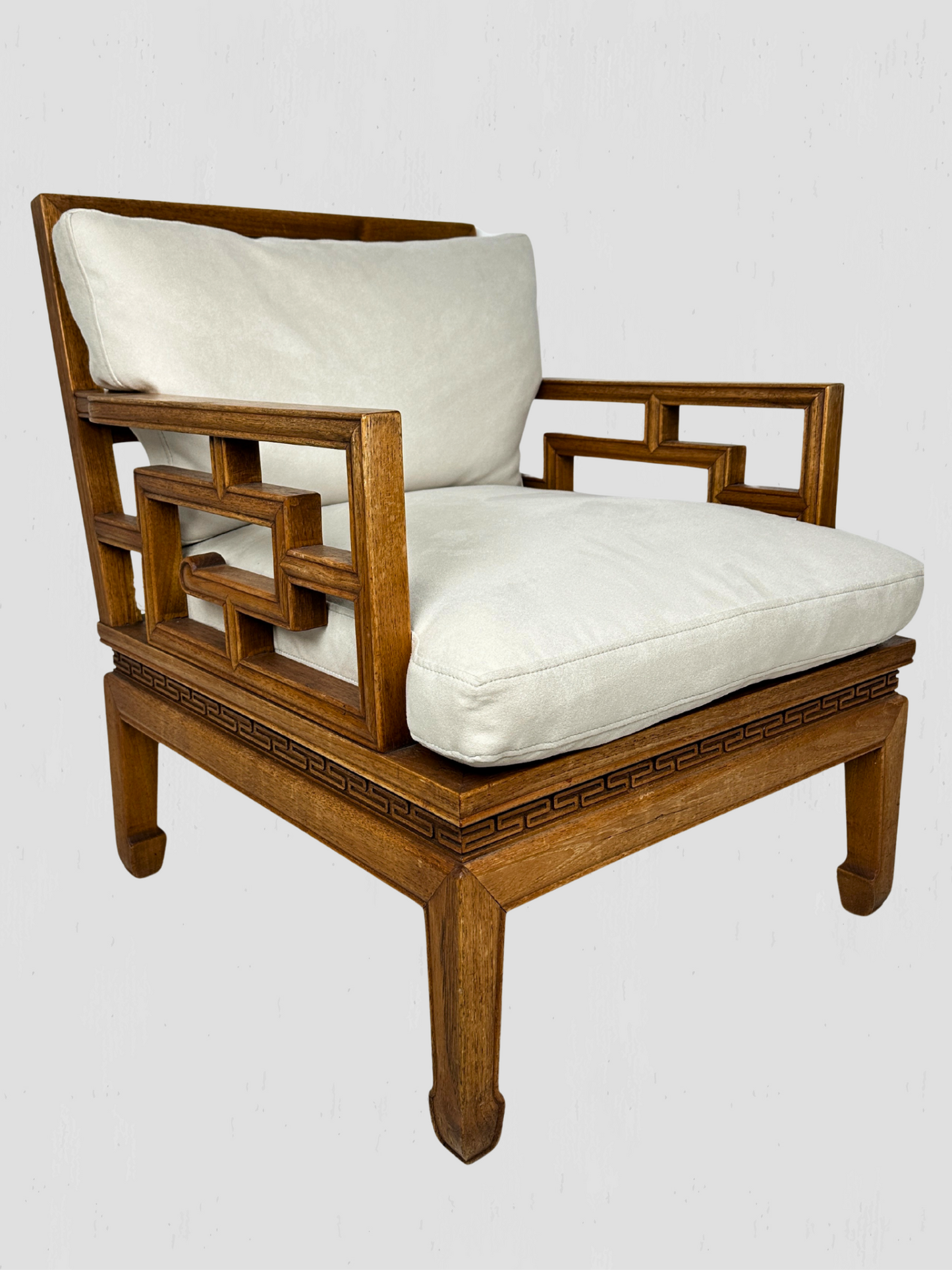 Vintage Mid-Century Carved Oak Ming Style Lounge Chairs Cream Ultrasuede Pair