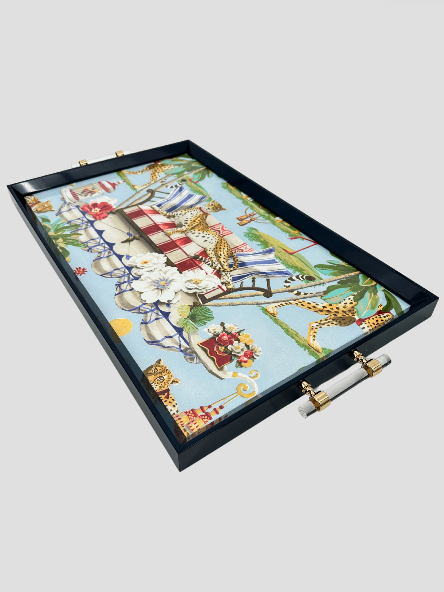Blue Decorative Animalia Cheetah Tray Lucite & Gold Handles