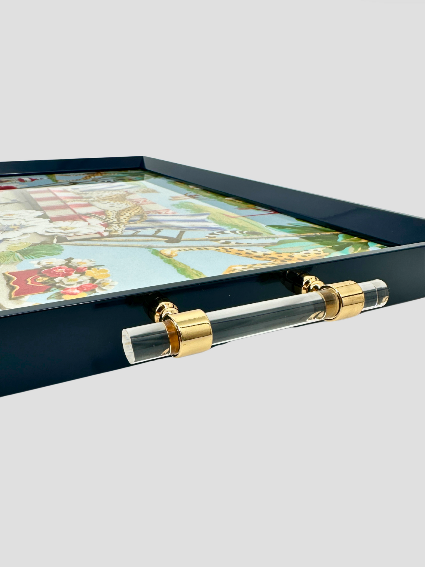 Blue Decorative Animalia Cheetah Tray Lucite & Gold Handles