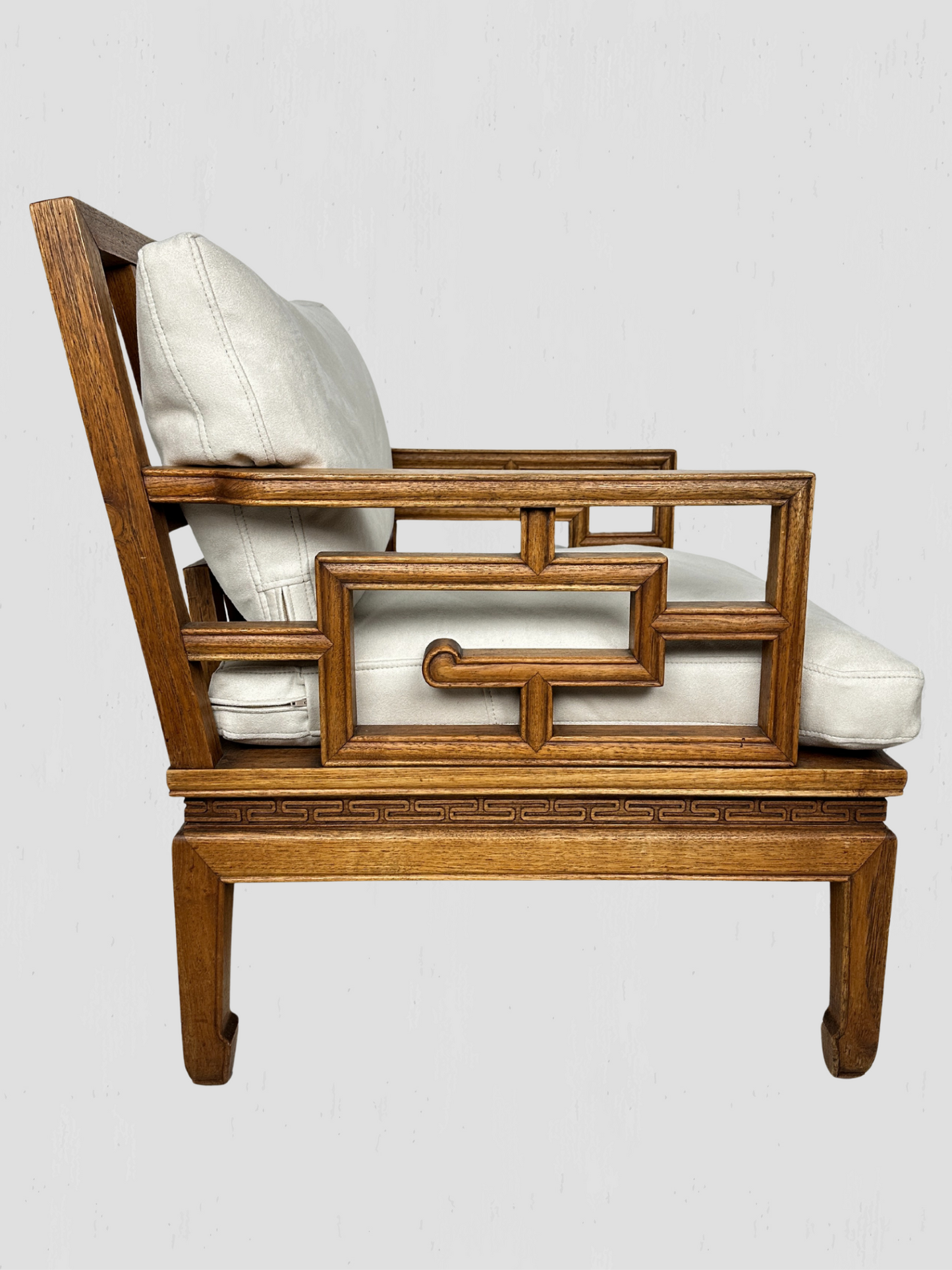 Vintage Mid-Century Carved Oak Ming Style Lounge Chairs Cream Ultrasuede Pair