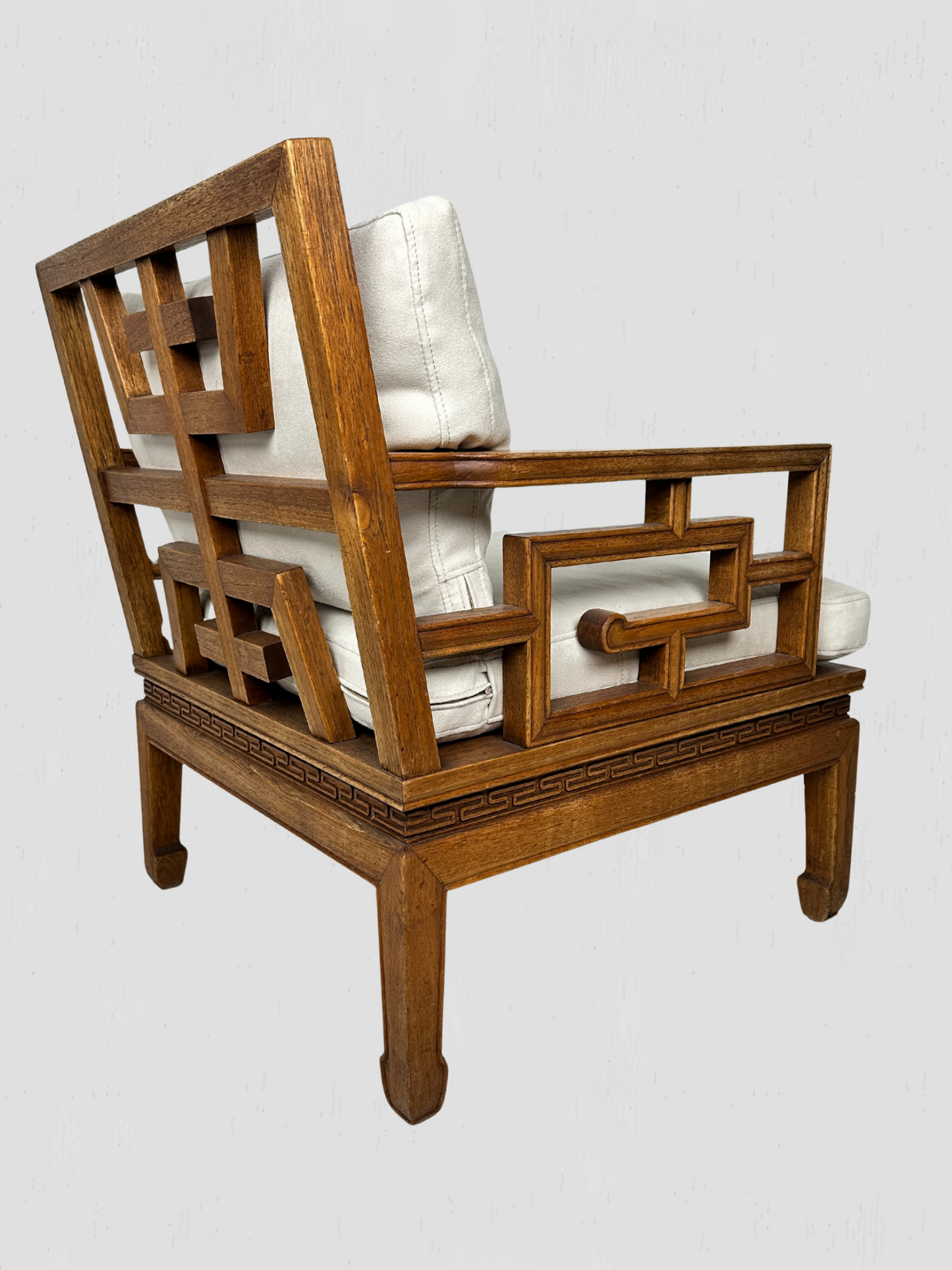 Vintage Mid-Century Carved Oak Ming Style Lounge Chairs Cream Ultrasuede Pair
