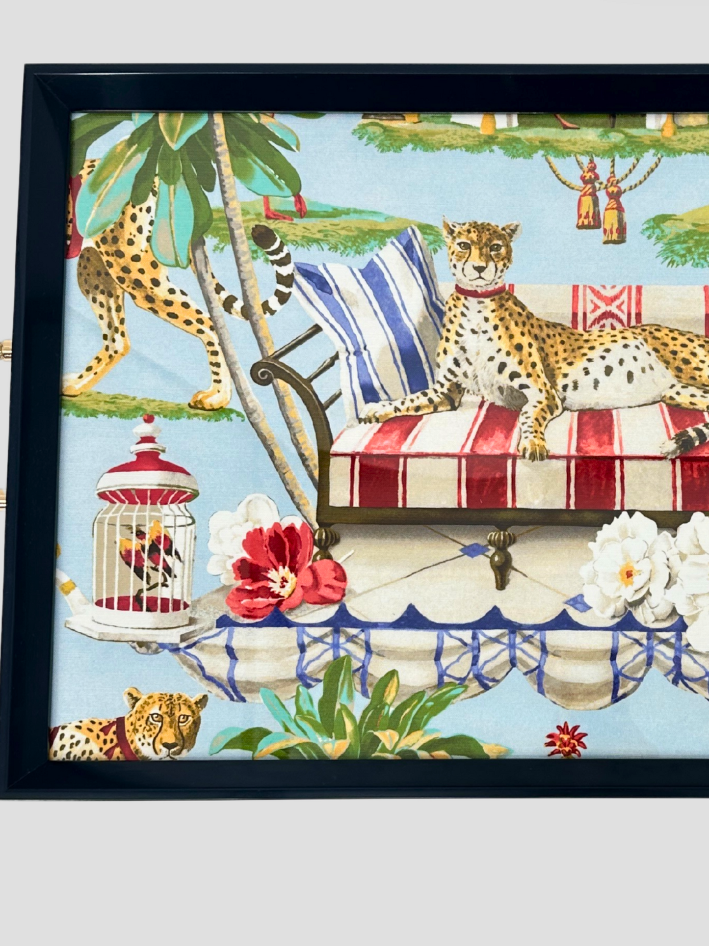 Blue Decorative Animalia Cheetah Tray Lucite & Gold Handles