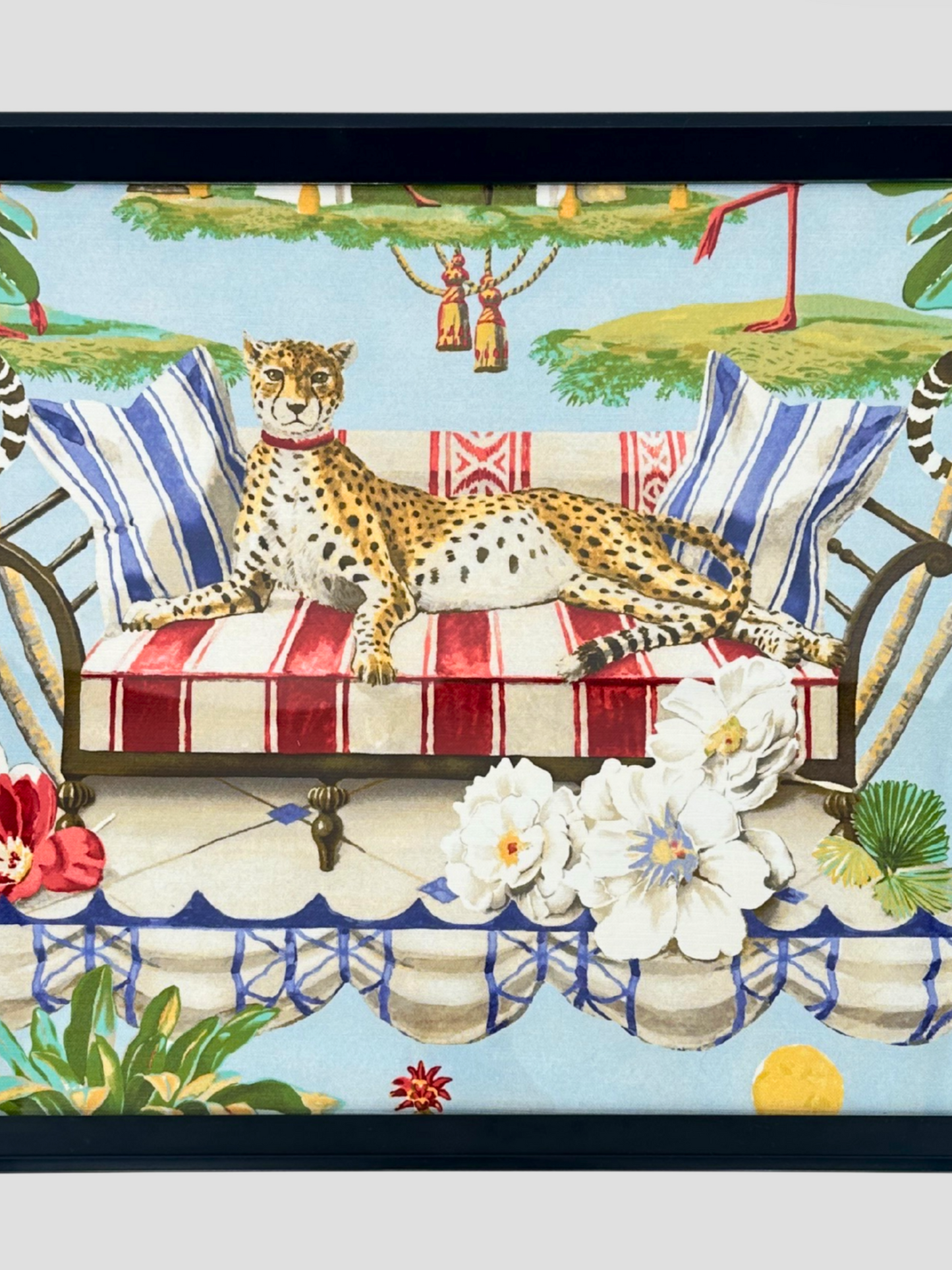 Blue Decorative Animalia Cheetah Tray Lucite & Gold Handles
