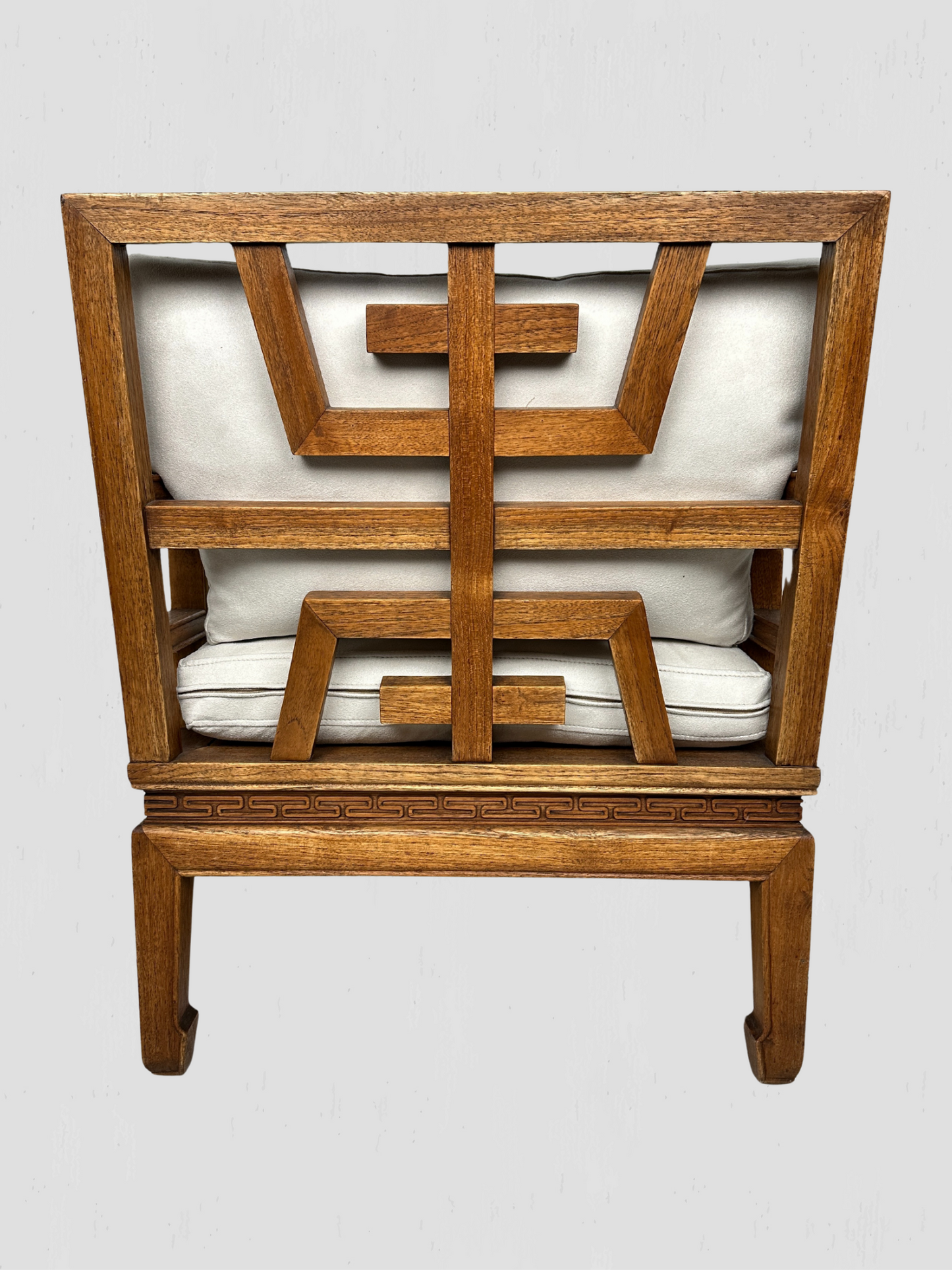 Vintage Mid-Century Carved Oak Ming Style Lounge Chairs Cream Ultrasuede Pair