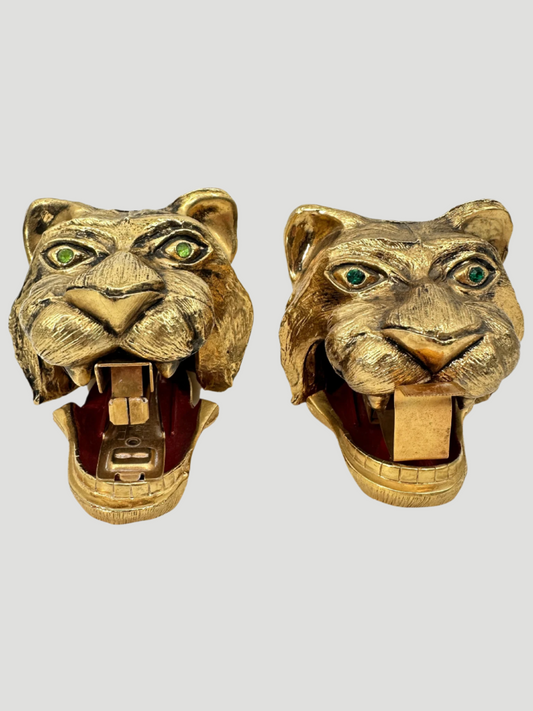 Mid-Century Tiger Brass Stapler & Tape Dispenser Green Eyes