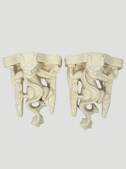 Mid-Century White Ceramic Dragon Wall Sconce Shelf Pair