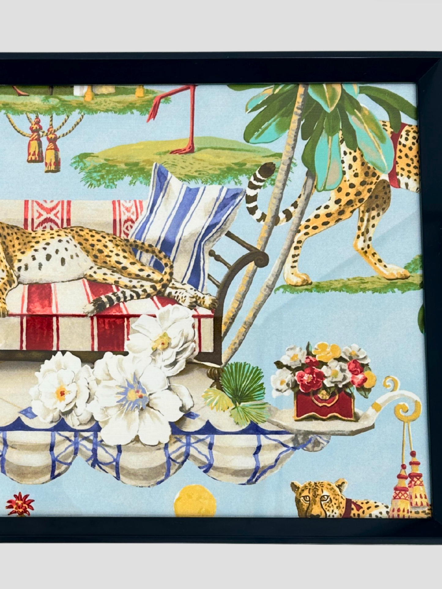 Blue Decorative Animalia Cheetah Tray Lucite & Gold Handles