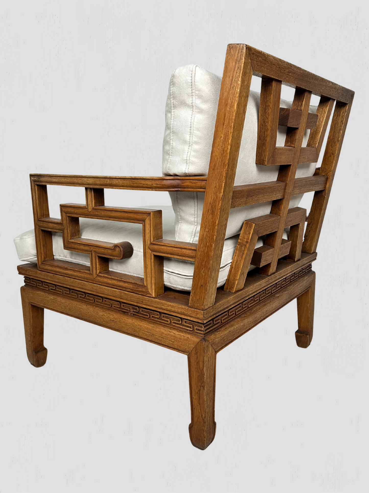 Vintage Mid-Century Carved Oak Ming Style Lounge Chairs Cream Ultrasuede Pair