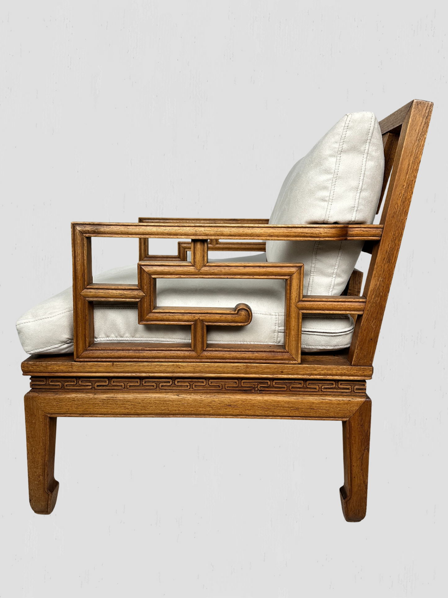 Vintage Mid-Century Carved Oak Ming Style Lounge Chairs Cream Ultrasuede Pair