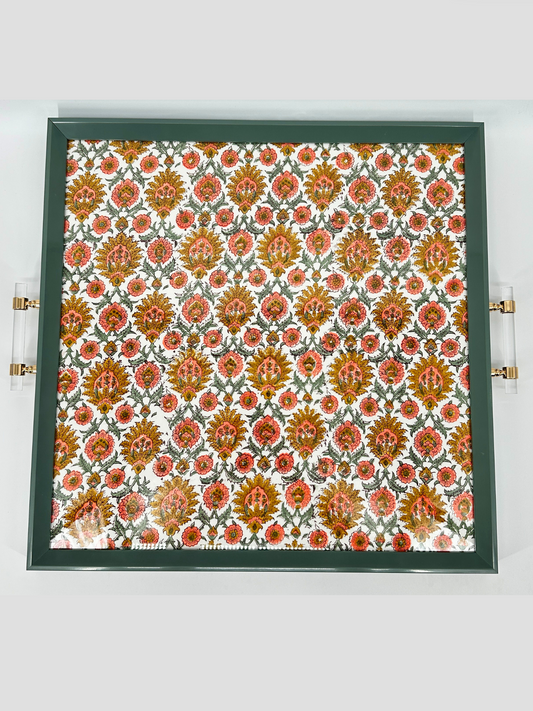 Olive Green Decorative Tray Indian Block Print Lucite & Gold Handles