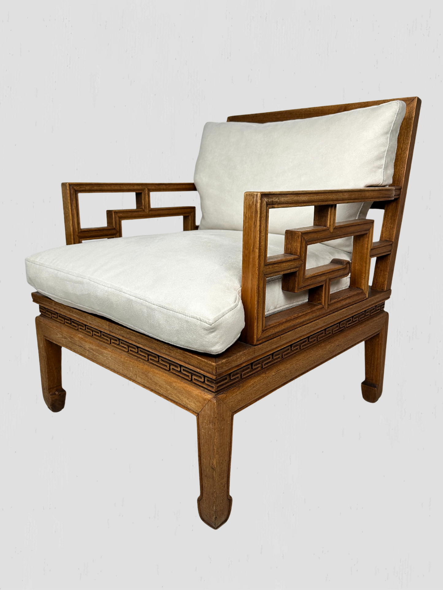 Vintage Mid-Century Carved Oak Ming Style Lounge Chairs Cream Ultrasuede Pair