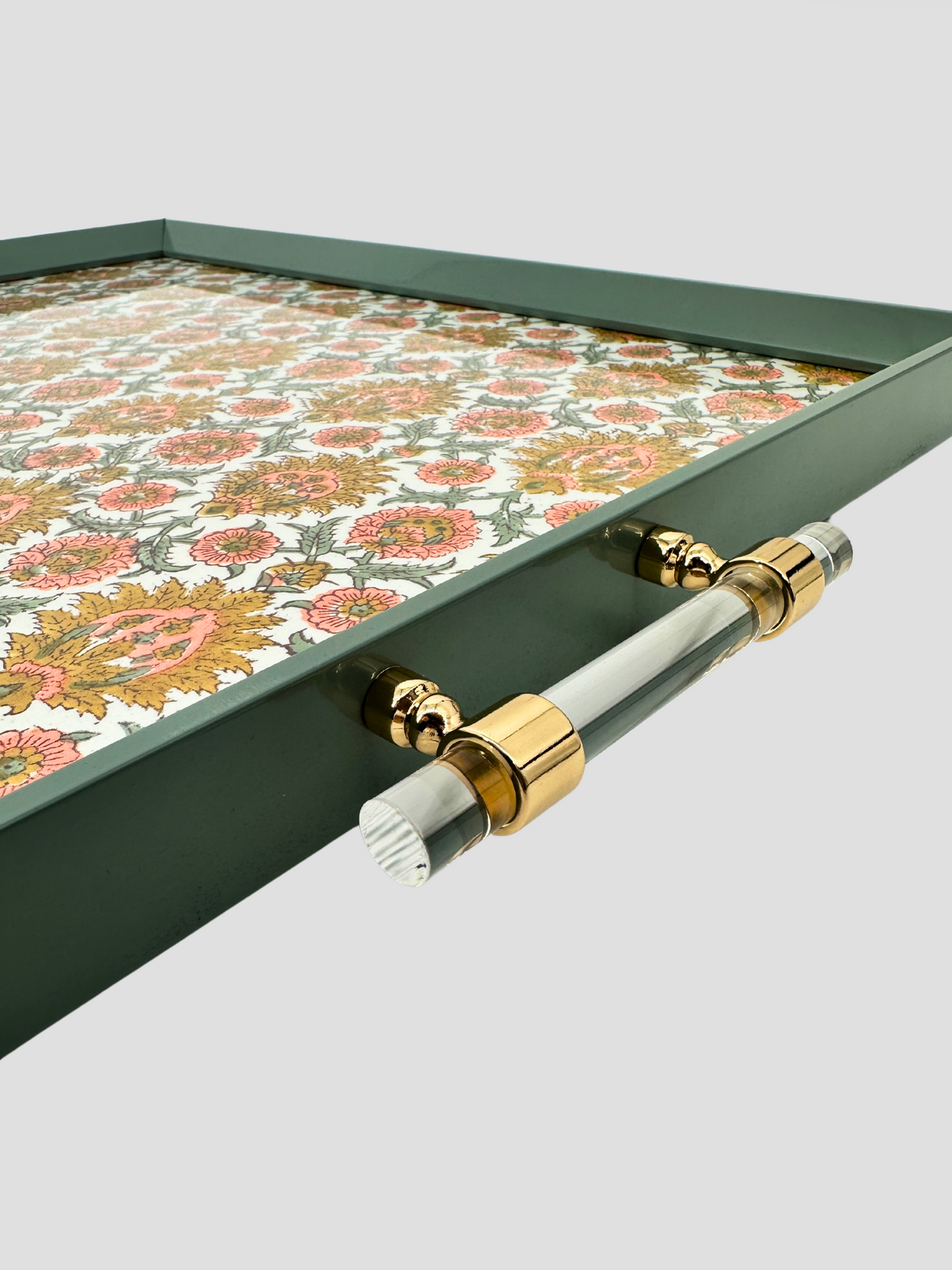 Olive Green Decorative Tray Indian Block Print Lucite & Gold Handles