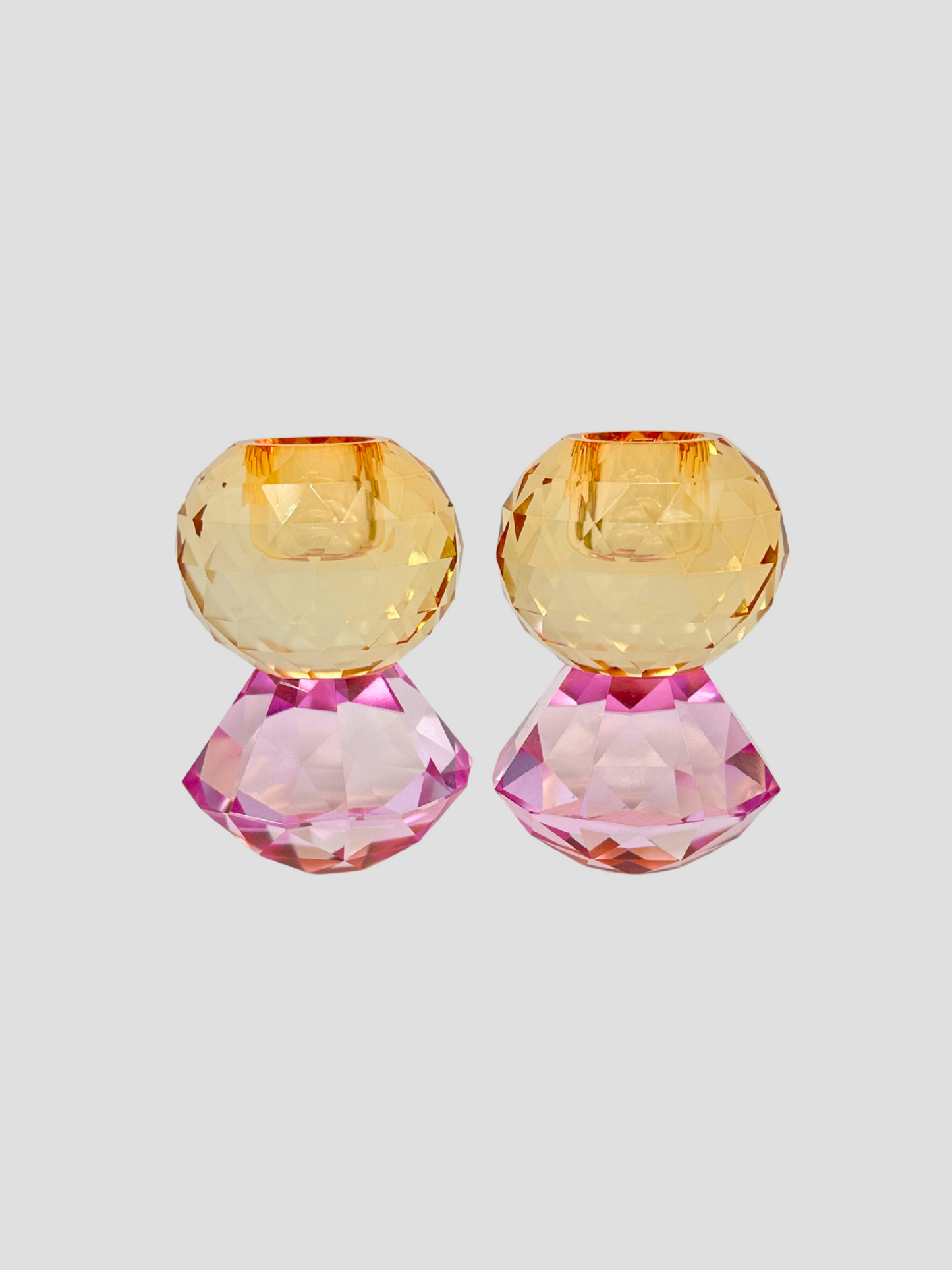 Faceted Crystal Candle Holder Pair - Light Pink & Orange