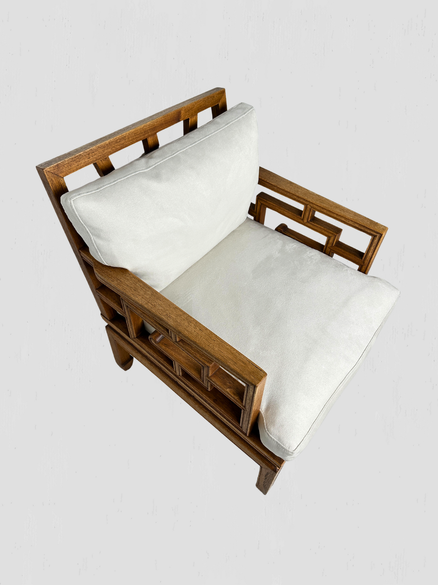 Vintage Mid-Century Carved Oak Ming Style Lounge Chairs Cream Ultrasuede Pair