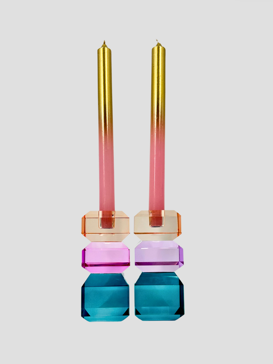Faceted Crystal Candle Holder Pair Aqua, Light Fuchsia & Orange