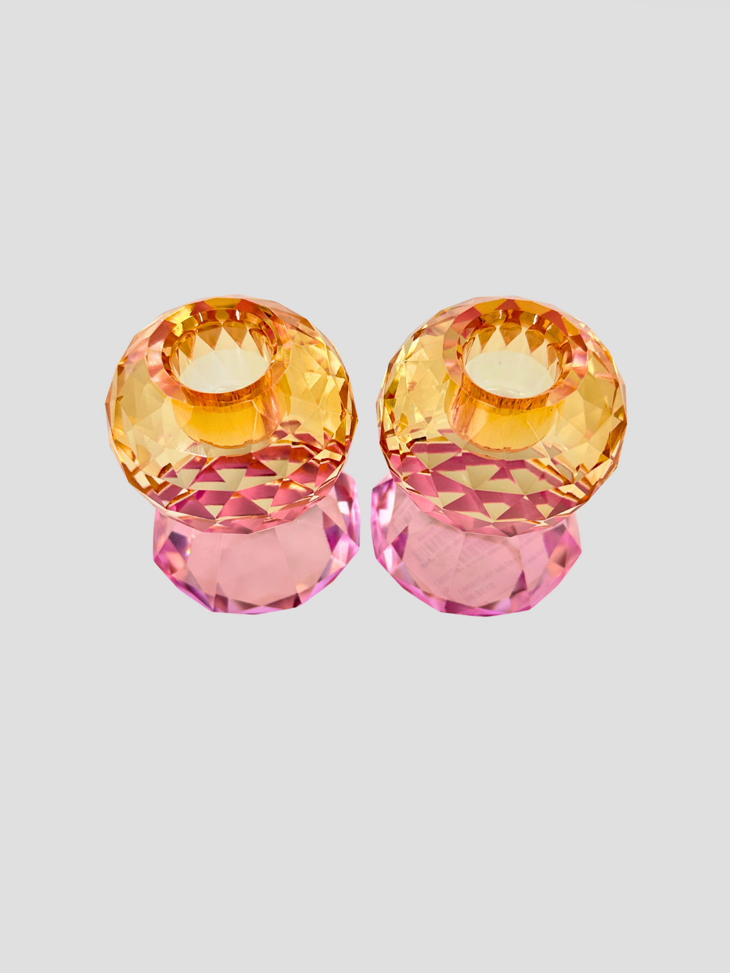 Faceted Crystal Candle Holder Pair - Light Pink & Orange