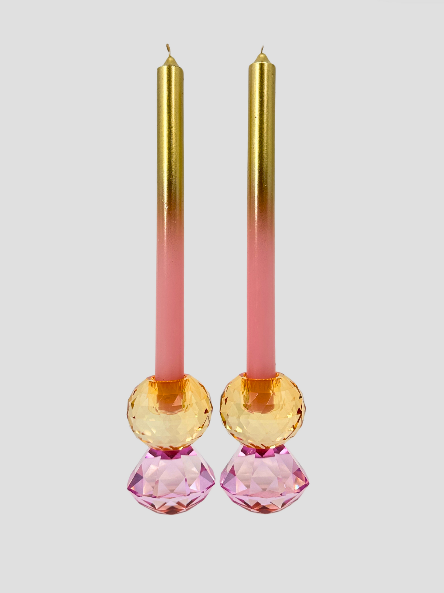 Faceted Crystal Candle Holder Pair - Light Pink & Orange