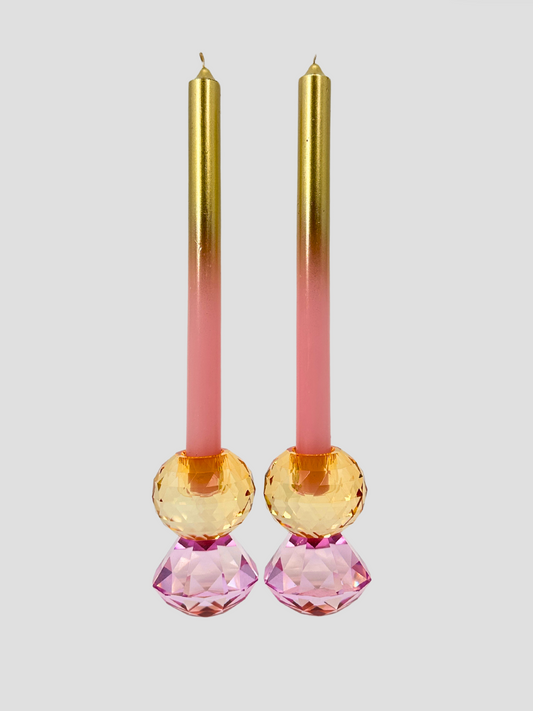 Faceted Crystal Candle Holder Pair - Light Pink & Orange