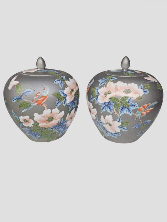 Gray Field Macau Ginger Jars With Multicolor Flora Birds Pair