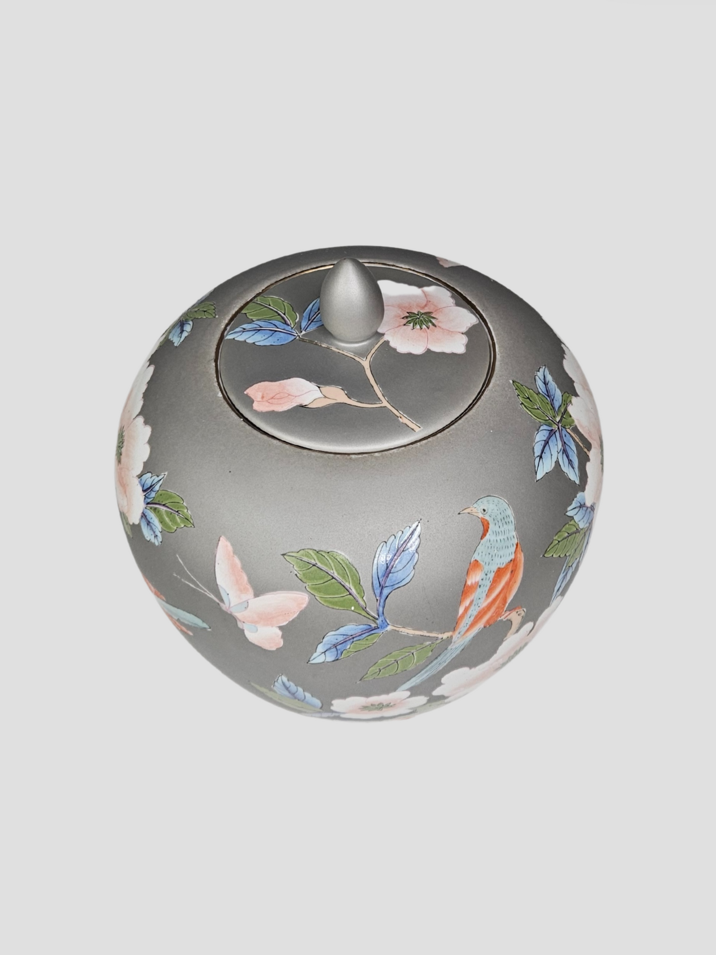 Gray Field Macau Ginger Jars With Multicolor Flora Birds Pair