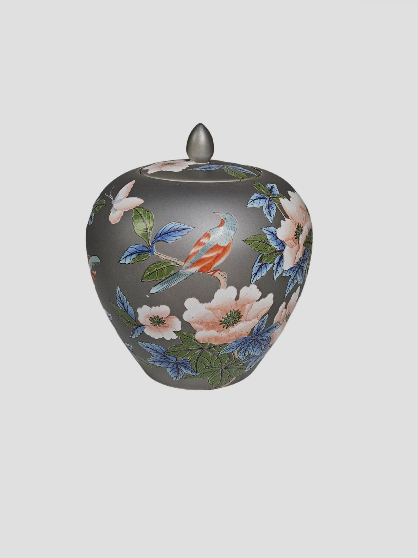 Gray Field Macau Ginger Jars With Multicolor Flora Birds Pair