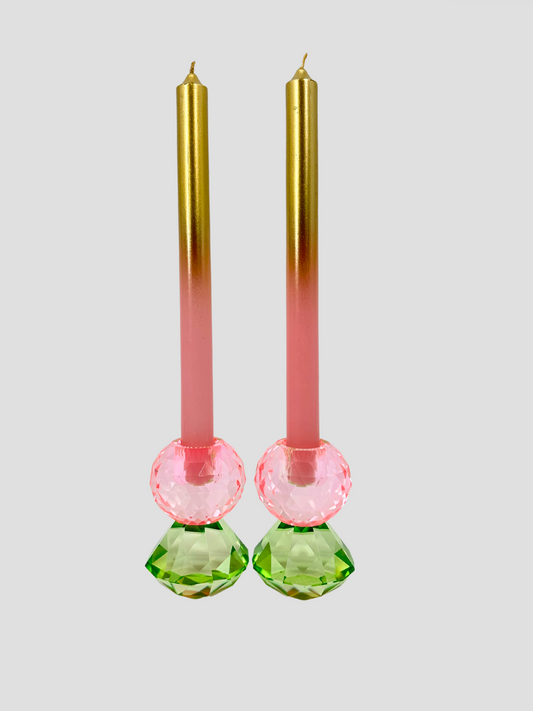 Faceted Crystal Candle Holder Pair - Baby Pink & Mint
