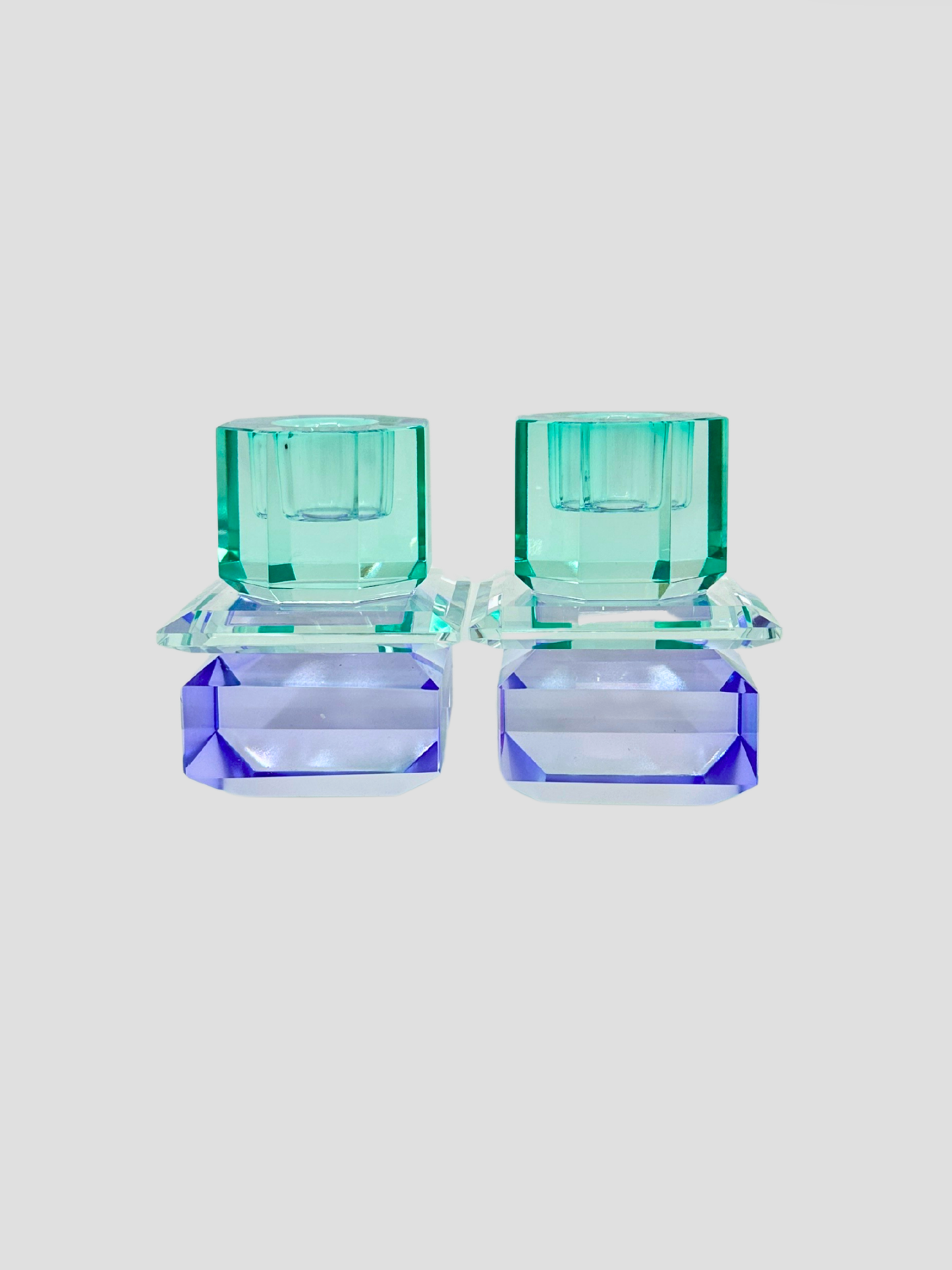 Faceted Crystal Candle Holder Pair - Light Mint & Blue