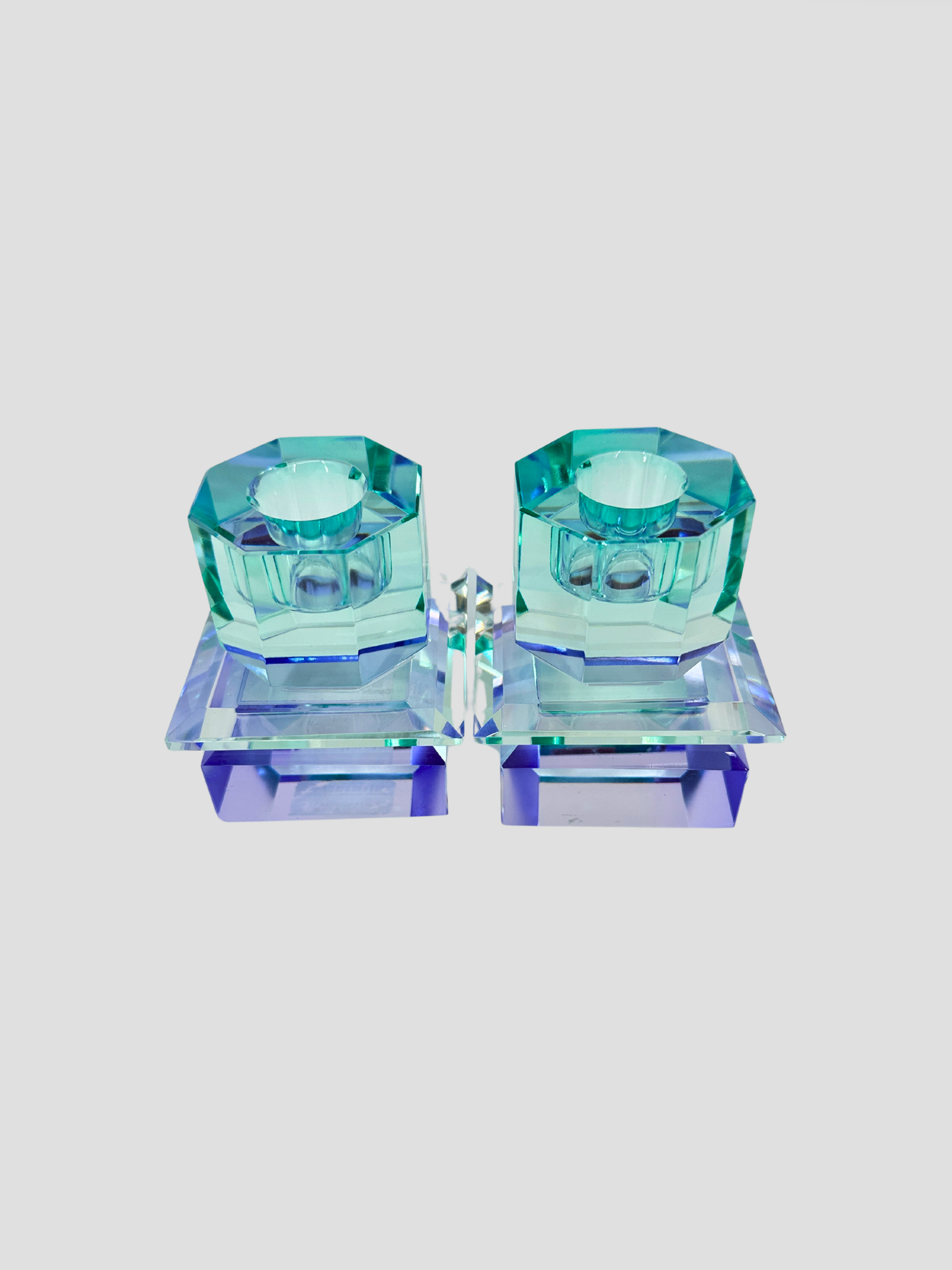 Faceted Crystal Candle Holder Pair - Light Mint & Blue