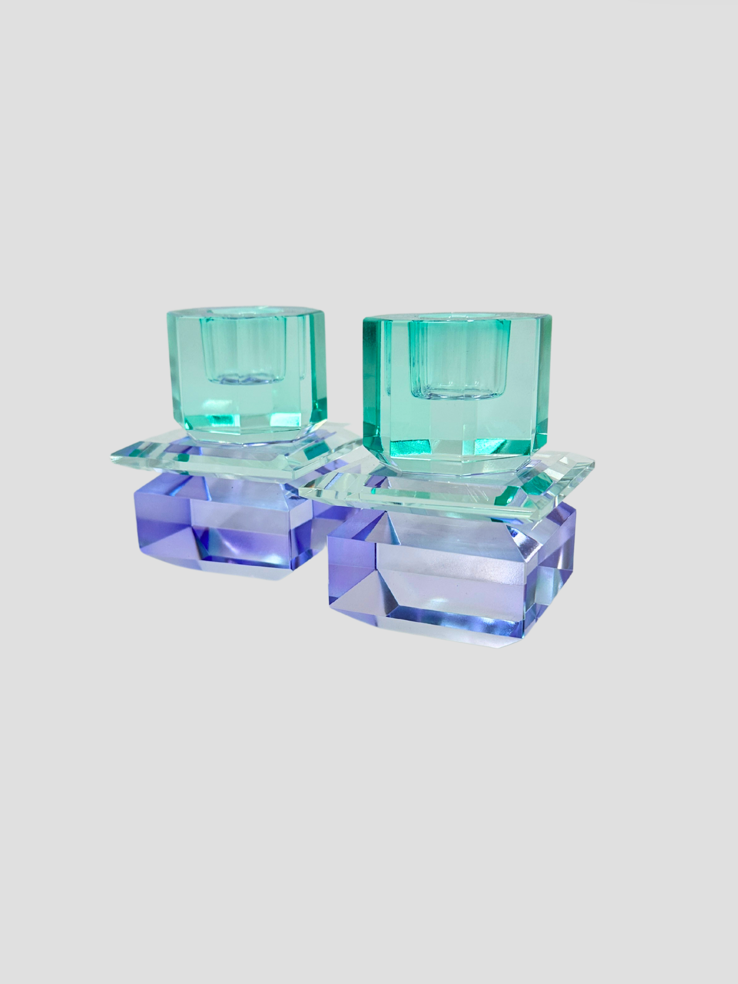 Faceted Crystal Candle Holder Pair - Light Mint & Blue