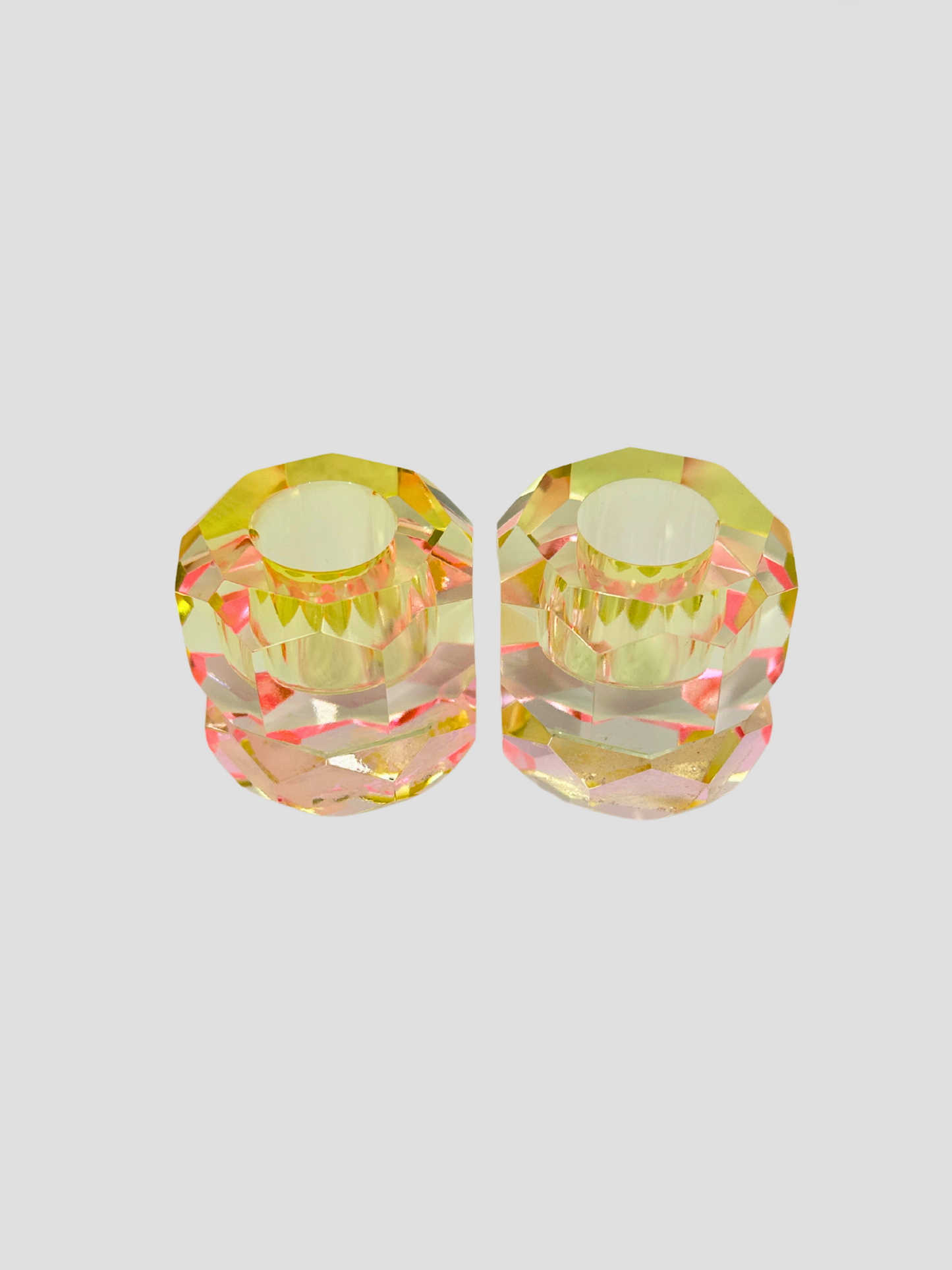 Faceted Crystal Candle Holder Pair - Butter & Light Pink