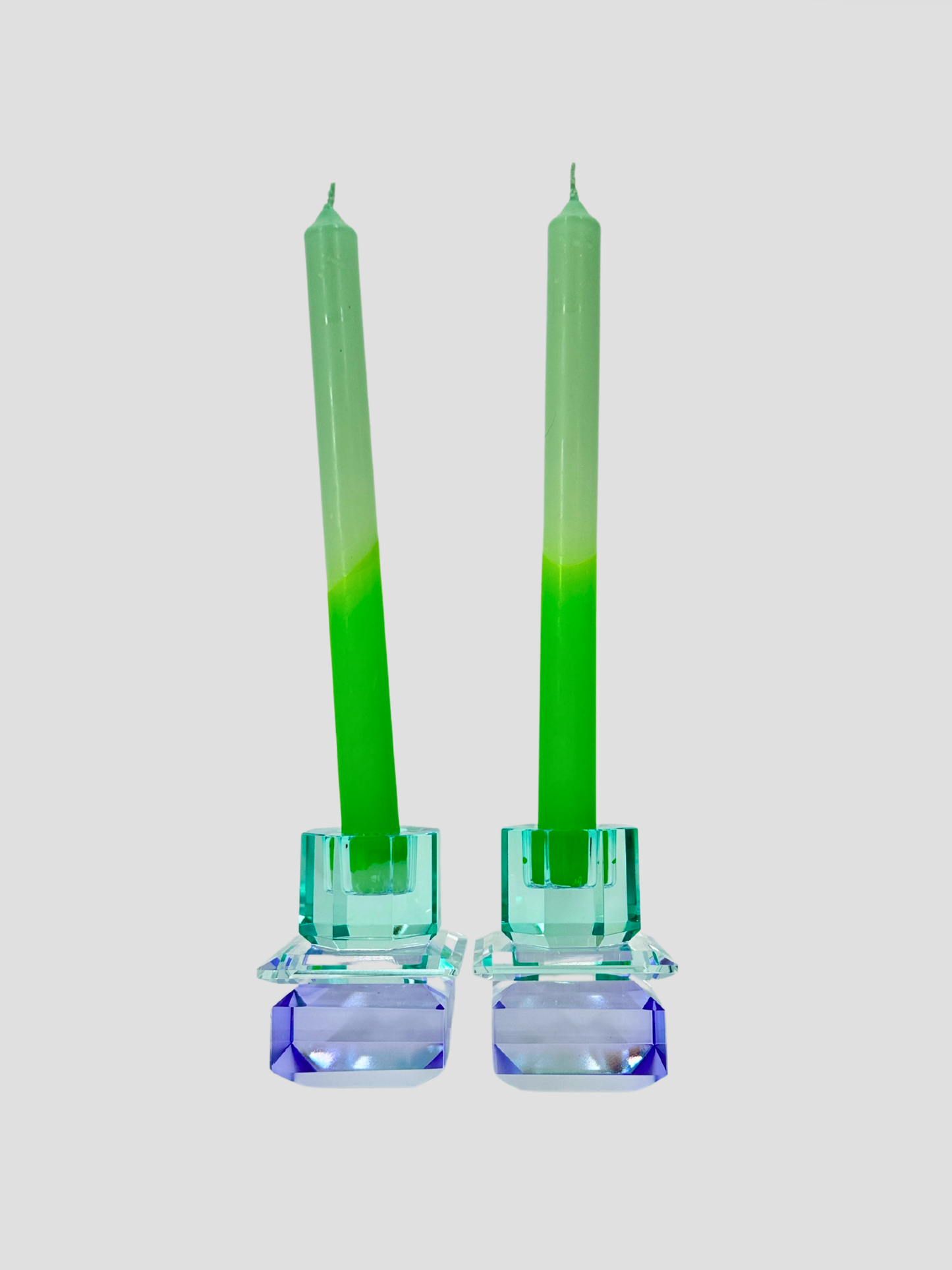 Faceted Crystal Candle Holder Pair - Light Mint & Blue