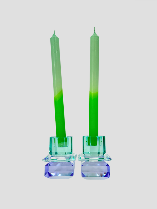 Faceted Crystal Candle Holder Pair - Light Mint & Blue