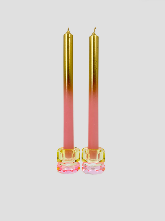 Faceted Crystal Candle Holder Pair - Butter & Light Pink