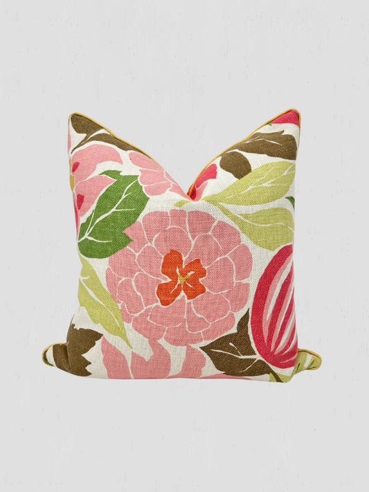 Orange & Floral Print Linen Pillow