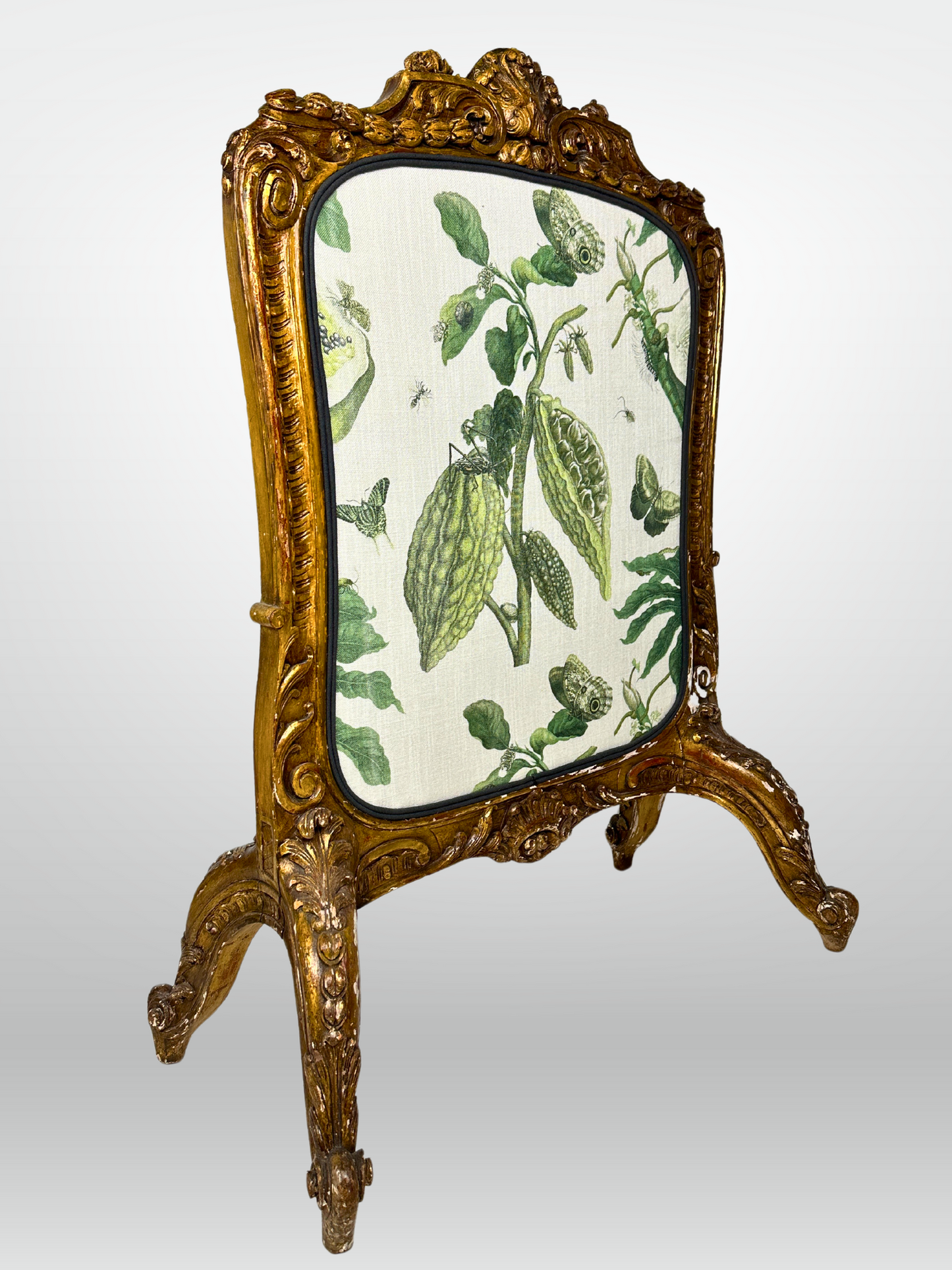 19th Century Carved Fire Screen Upholstered in Gastón Y Daniela Linen