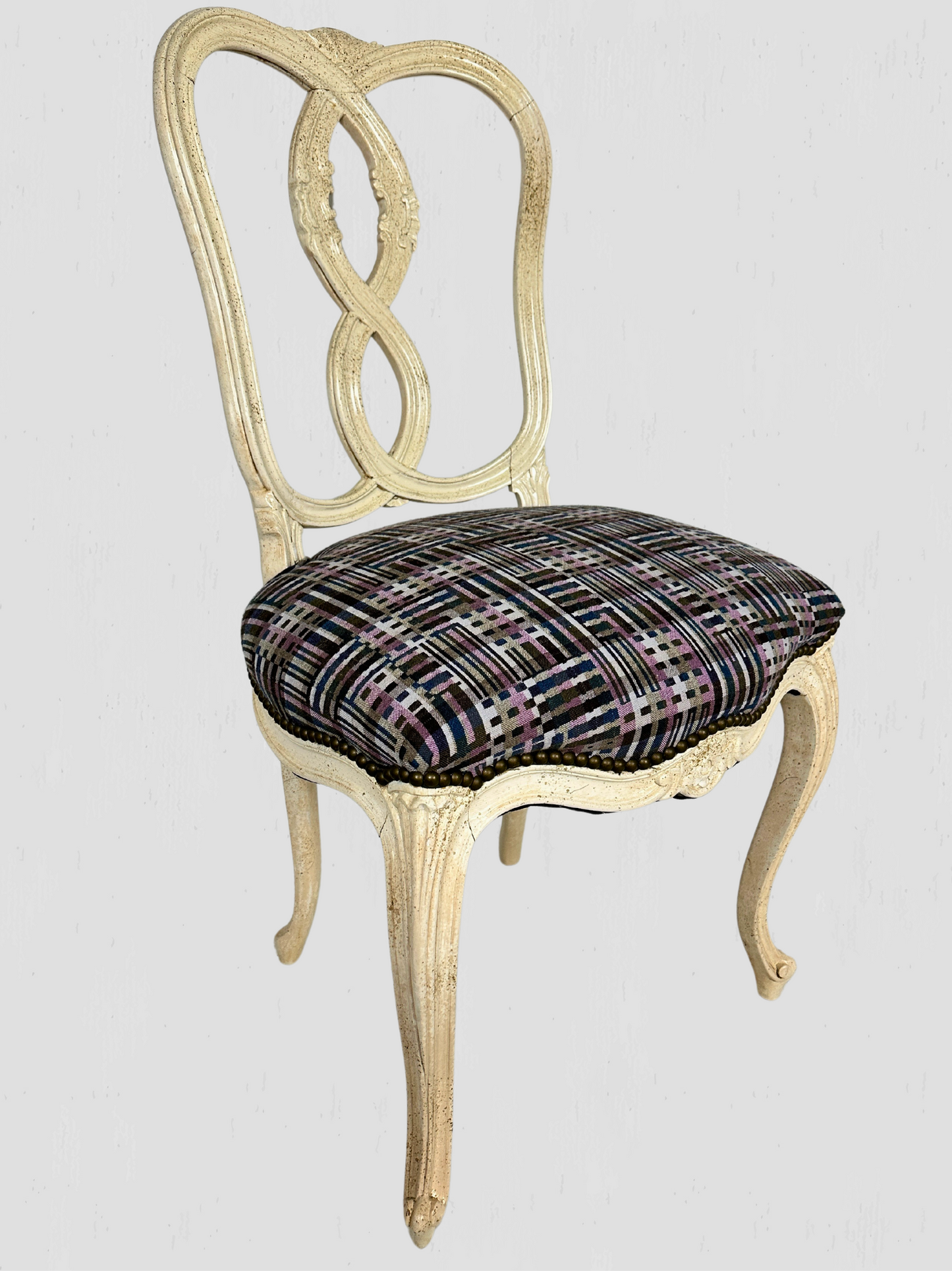 Mid-Century Carved Ribbon Back White Dining Chairs Set of 6 Holland & Sherry Fabric