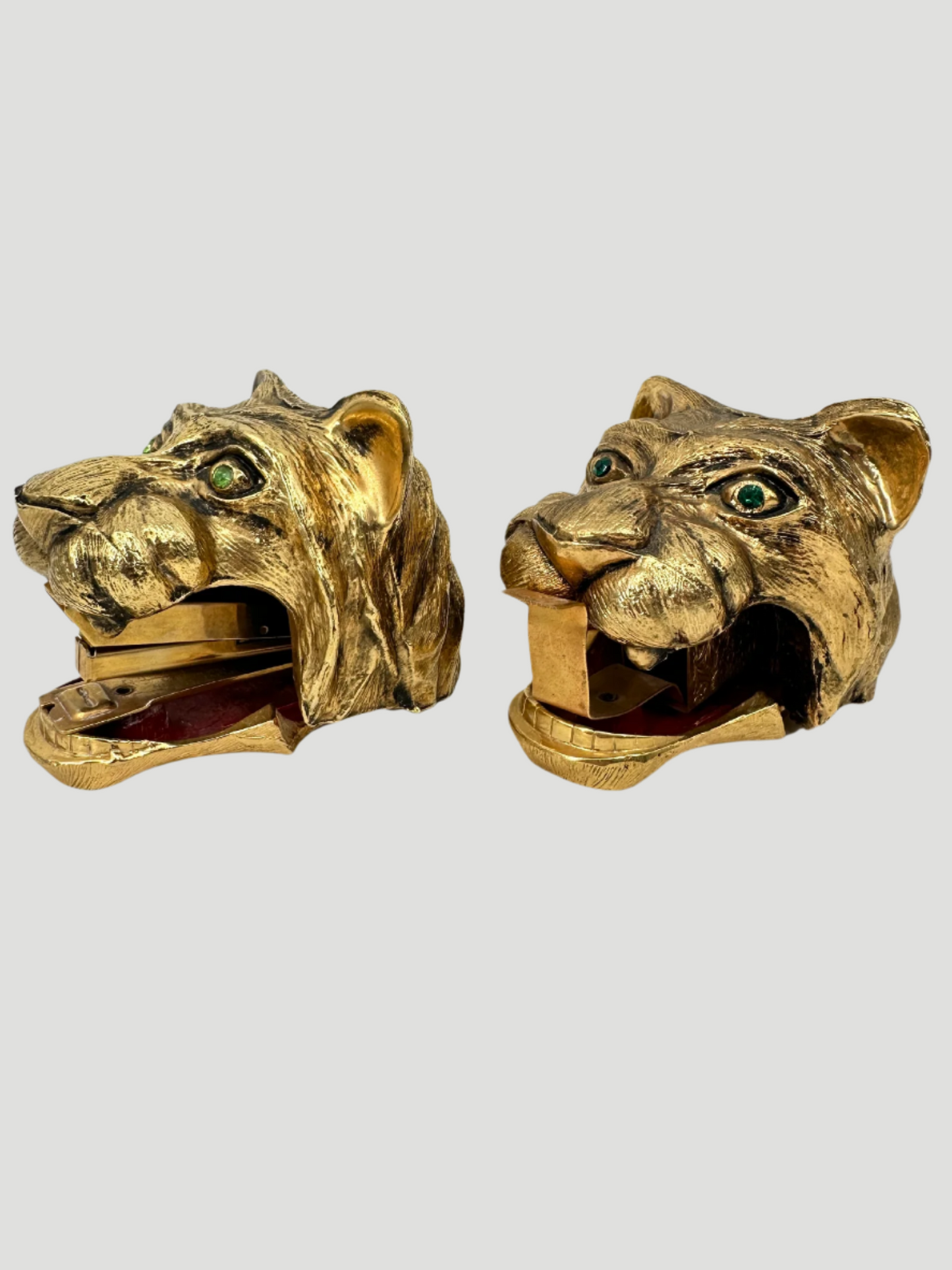 Mid-Century Tiger Brass Stapler & Tape Dispenser Green Eyes