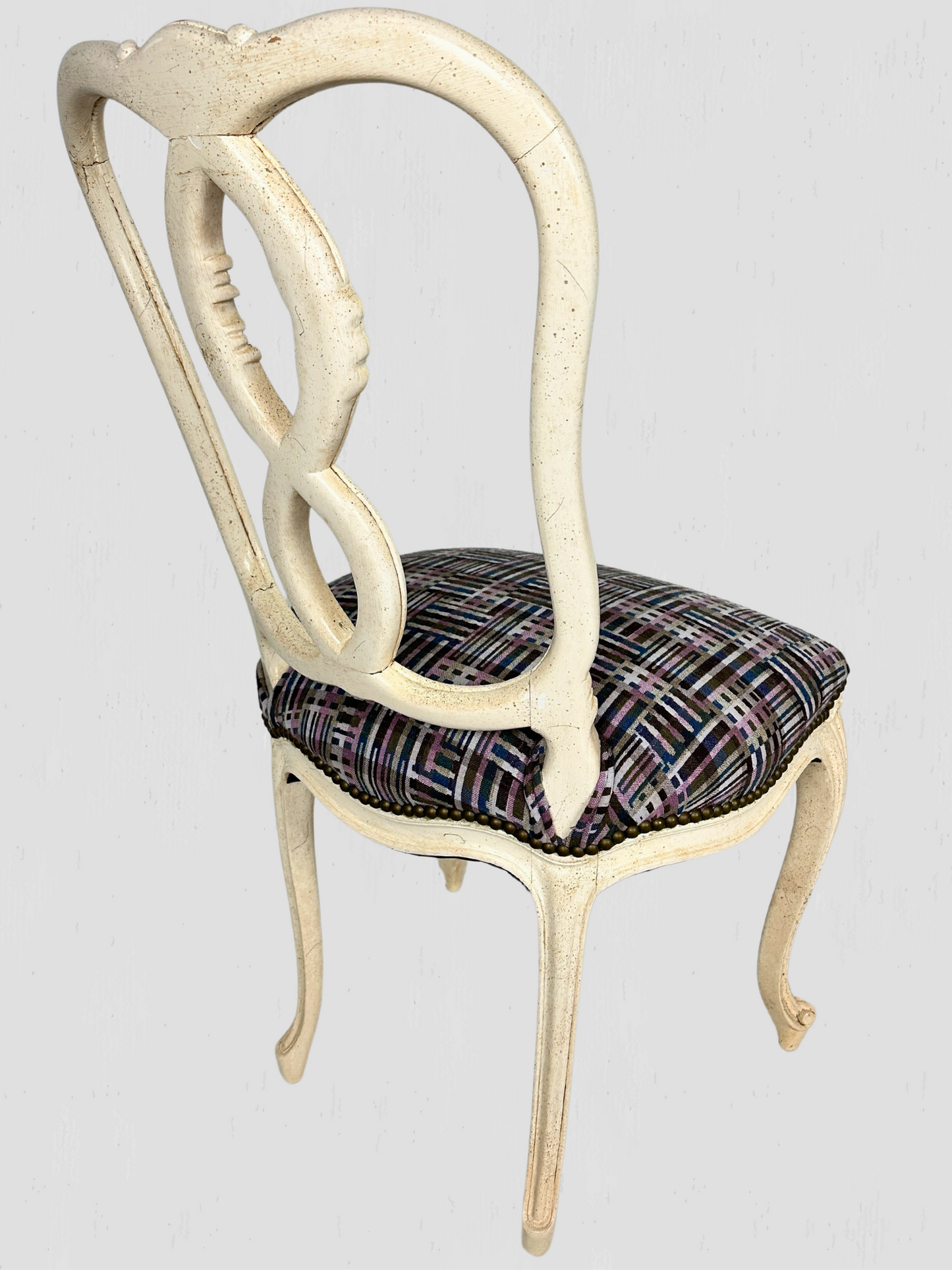 Mid-Century Carved Ribbon Back White Dining Chairs Set of 6 Holland & Sherry Fabric