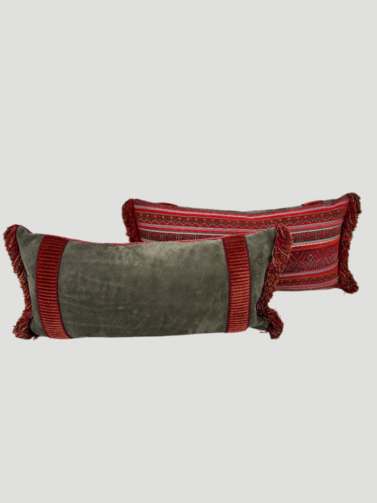 Gray Natural Suede & Red Belgian Weave Throw Pillow Pair