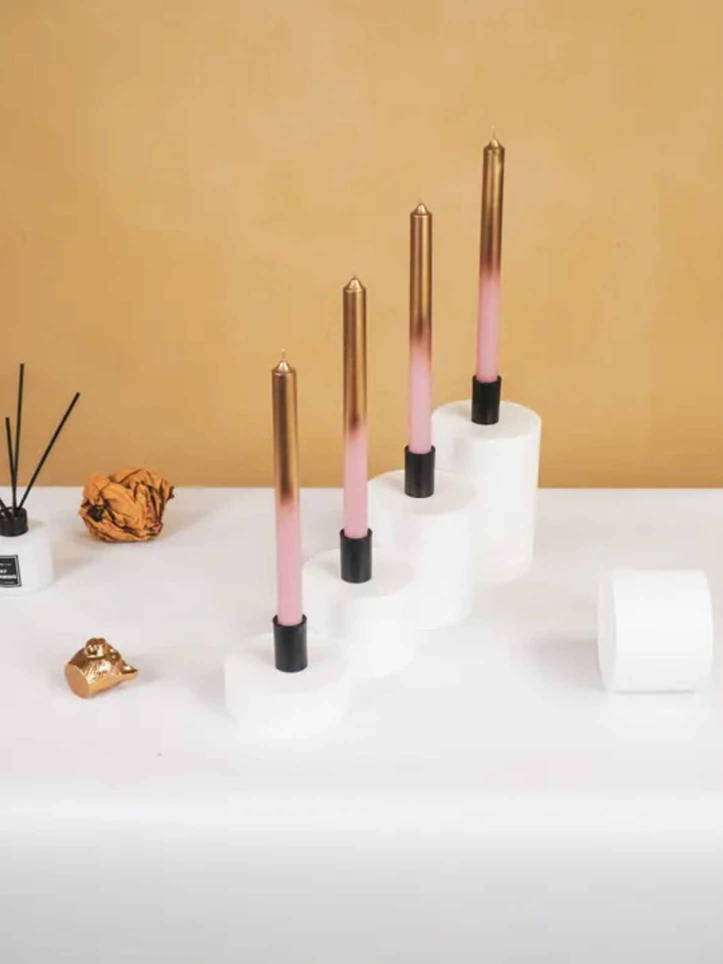 Light Pink & Gold Dip Dye Taper Candle Set of 4