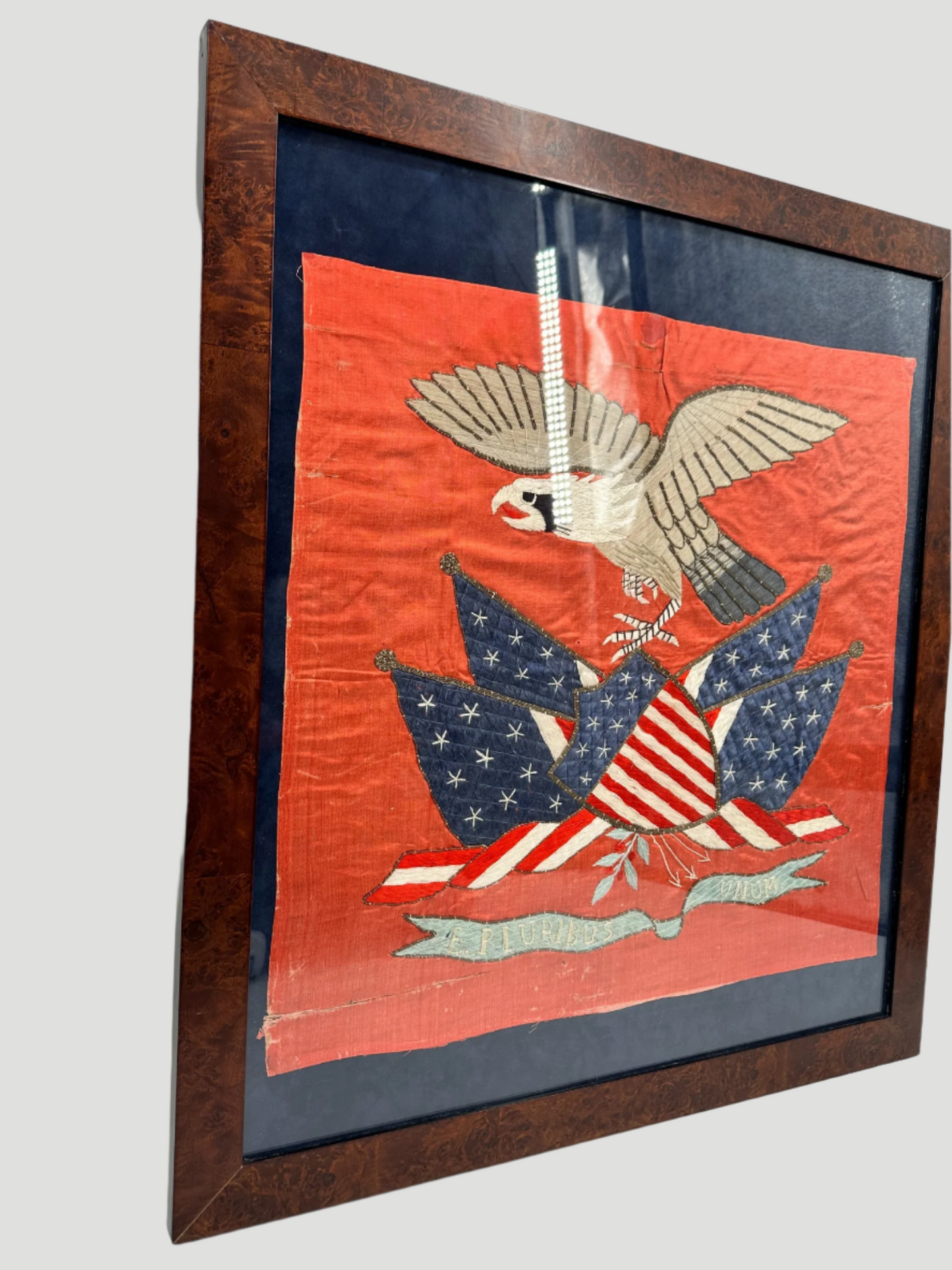 1889 American Eagle Embroidered Textile Framed Wall Hanging E Pluribus Unum